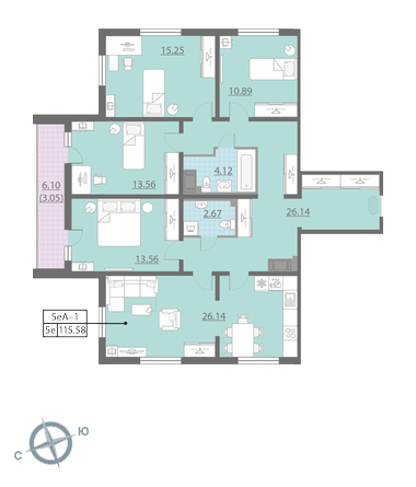 Четырёхкомнатная квартира 115.9 м²
