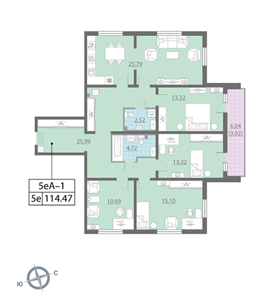 Четырёхкомнатная квартира 115.1 м²