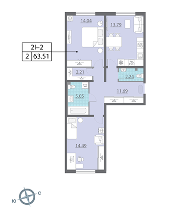 Двухкомнатная квартира 62.6 м²