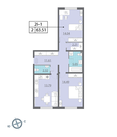 Двухкомнатная квартира 62.7 м²