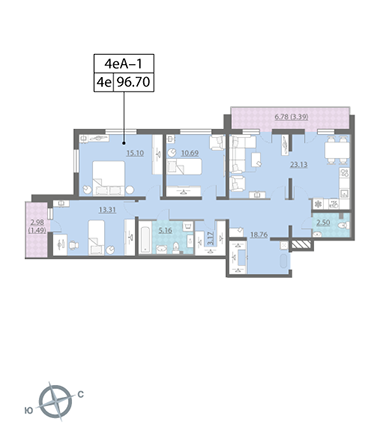 Трёхкомнатная квартира 96.9 м²