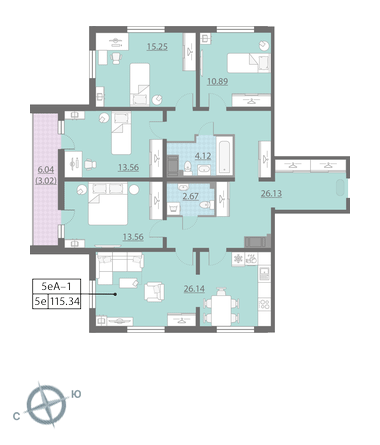 Четырёхкомнатная квартира 116.1 м²