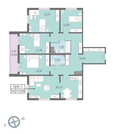 Четырёхкомнатная квартира 115.9 м²