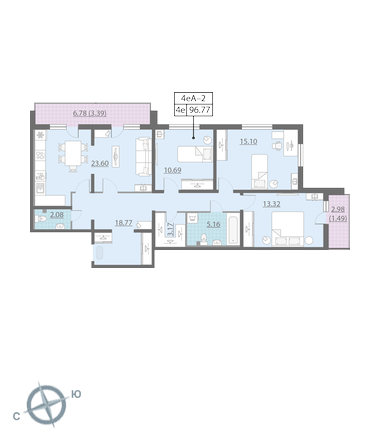 Трёхкомнатная квартира 96.8 м²