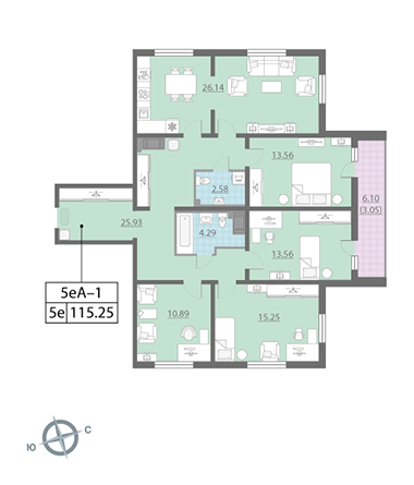 Четырёхкомнатная квартира 116.1 м²