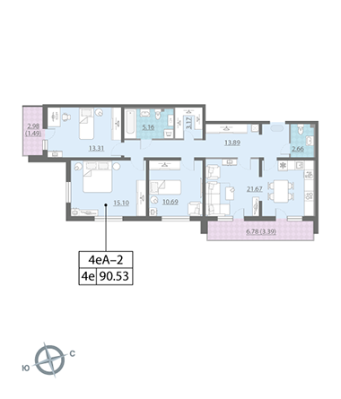 Трёхкомнатная квартира 91 м²