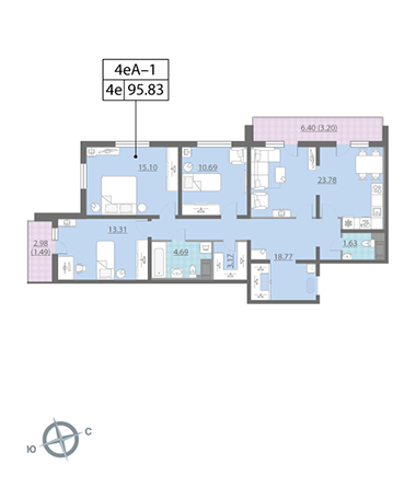 Трёхкомнатная квартира 96 м²