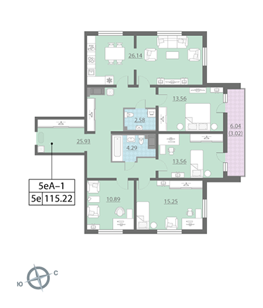 Четырёхкомнатная квартира 116.1 м²